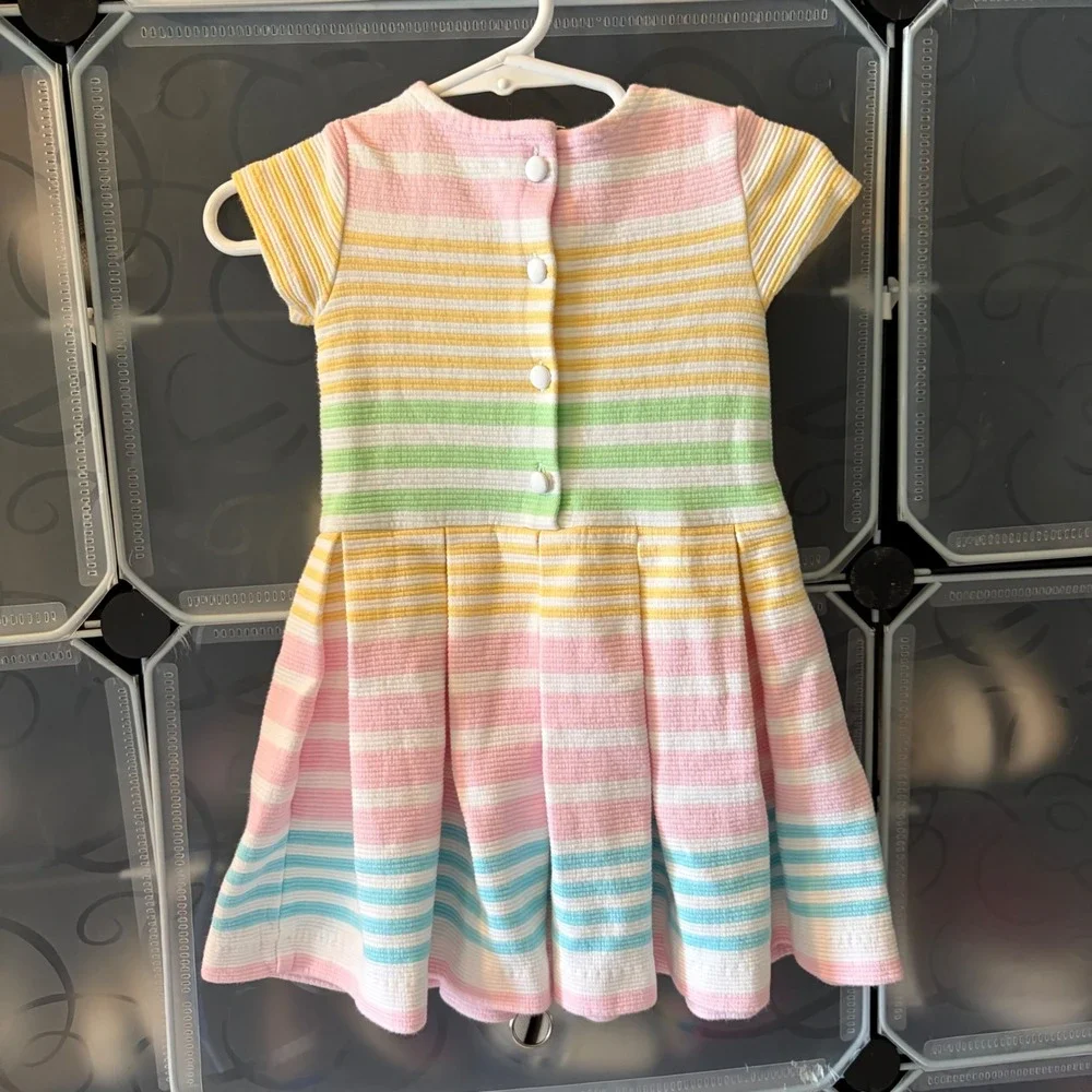 Ralph Lauren Baby Girls Pastel Rainbow Striped Pleated Dress 12M Multi Color